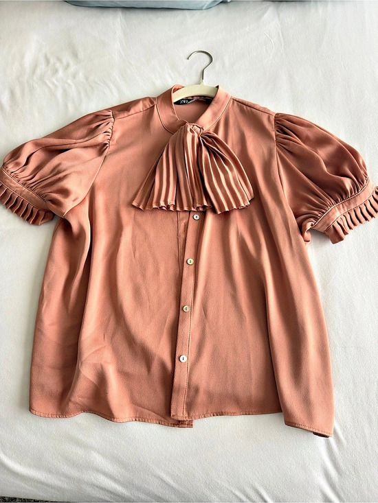 Zara Tops - Zara Bow Tie-Neck Blouse in Pink Size Medium Like New